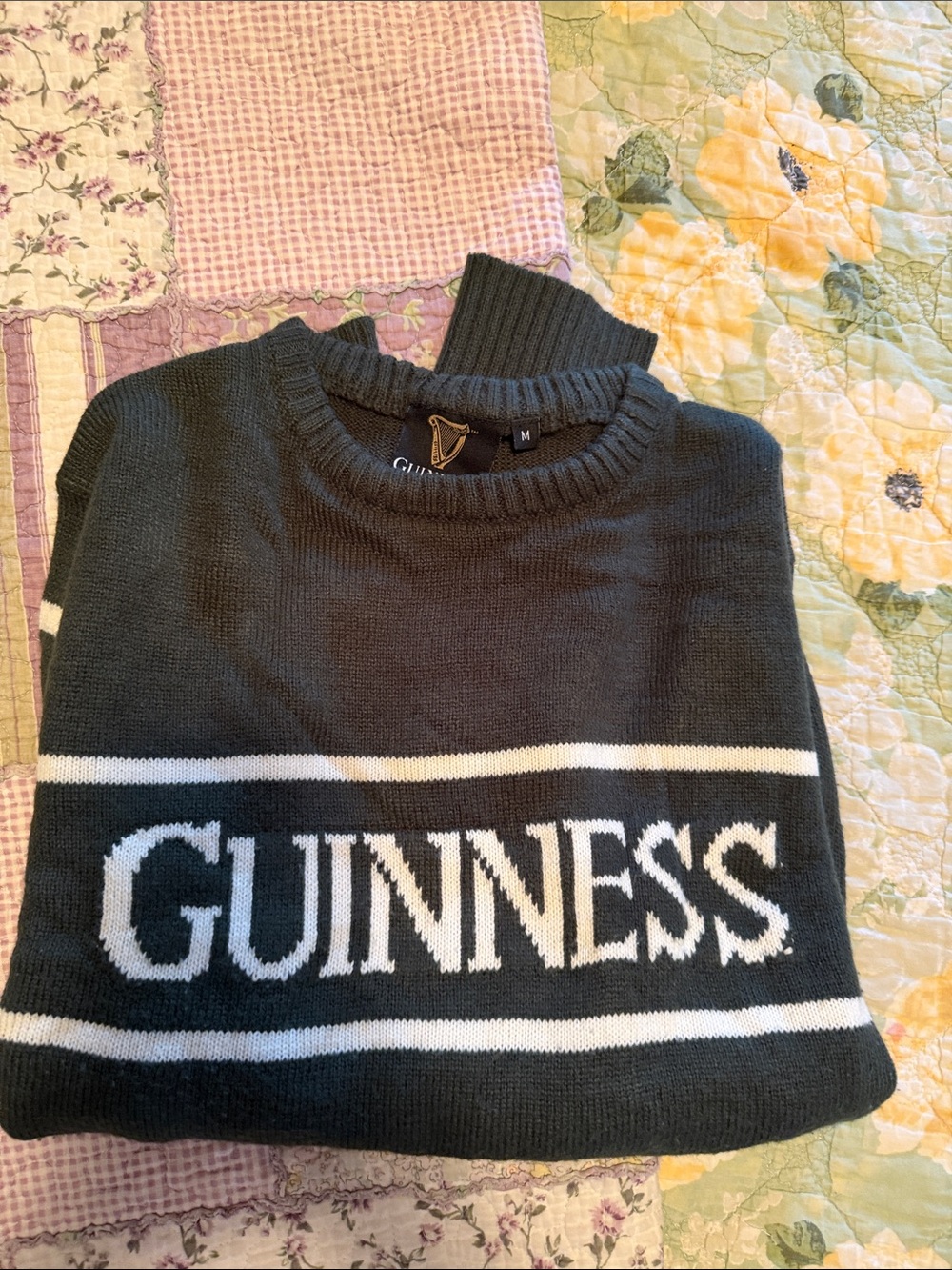 Guinness Black Crewneck Sweater with White Logo Stripes